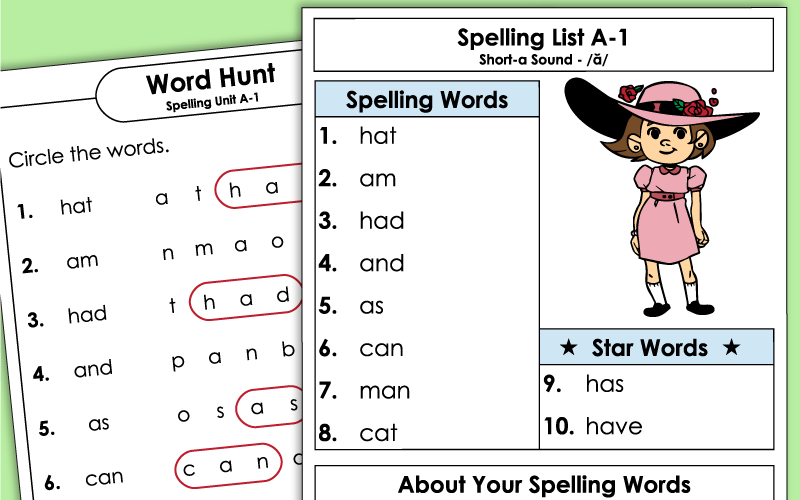 1st Grade Spelling Worksheets - Unit 1