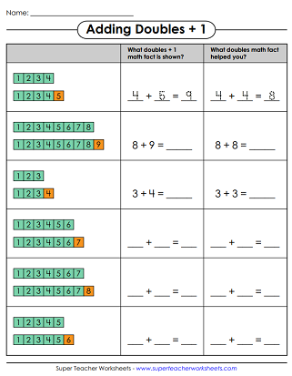 Addition Worksheets - Doubles Facts Plus 1 (Blocks)