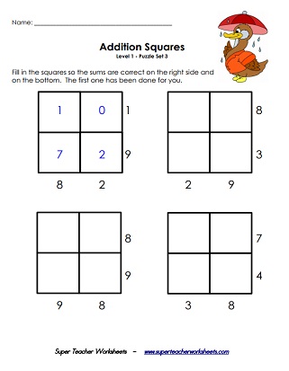Addition Squares Worksheet (Easy)