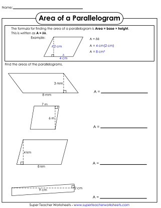 Area of Parallelograms Worksheet