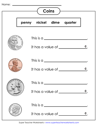 Coin Recognition Worksheets (USA)