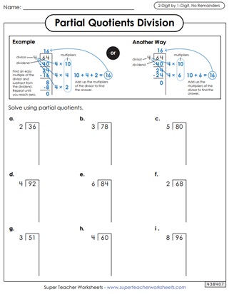 Dividing with Partial Quotients Worksheets
