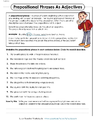 Prepositional Phrases as Adjectives Advanced Level 3rd-5th Grade Worksheet