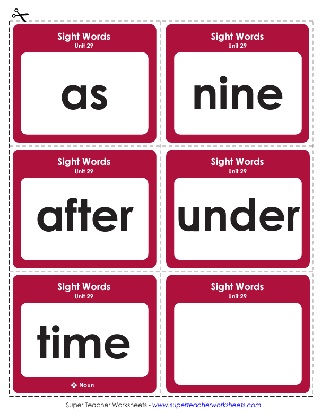 Sight Words List After, As, Nine, Under with the noun Time Printable Flashcards Worksheet