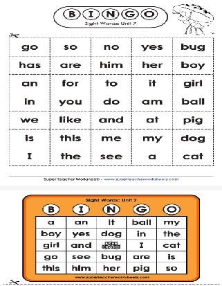 Sight Words List Yes, So, Go, No with the noun Bug Bingo Activity Worksheet