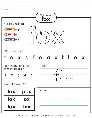 Fox Sight Word Worksheet - Color, Trace, Circle