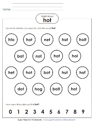 Bingo Dabber Sight Word Worksheet: Hot