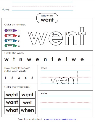 Printable Activity for Sight Word Went