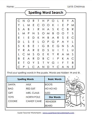 Christmas Spelling Worksheets - Word Search Puzzle