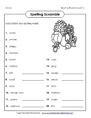 Healthy Foods - Spelling Unscramble Puzzle