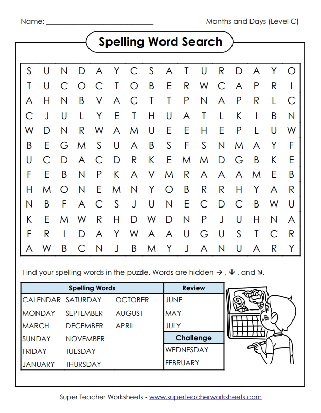 Months and Days Word Search