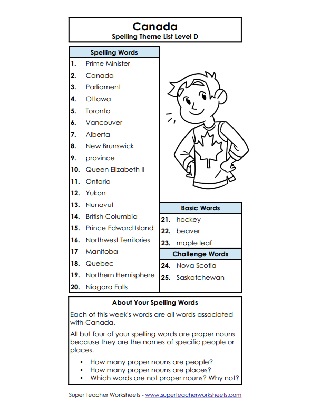 Spelling Worksheets and Activities - Canada