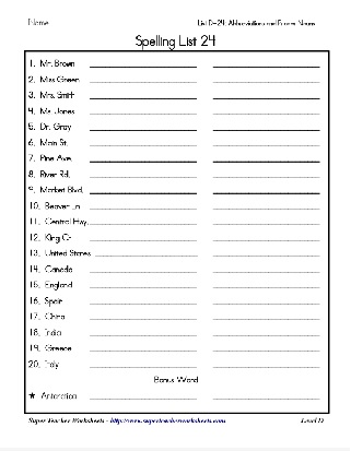 Spelling List Words Abbreviations and Proper Nouns Worksheet