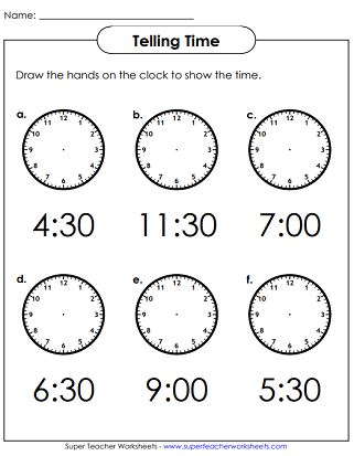 Telling Time Worksheets (Hour and Half Hour)
