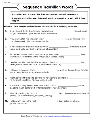 Sequence Transition Words Worksheet