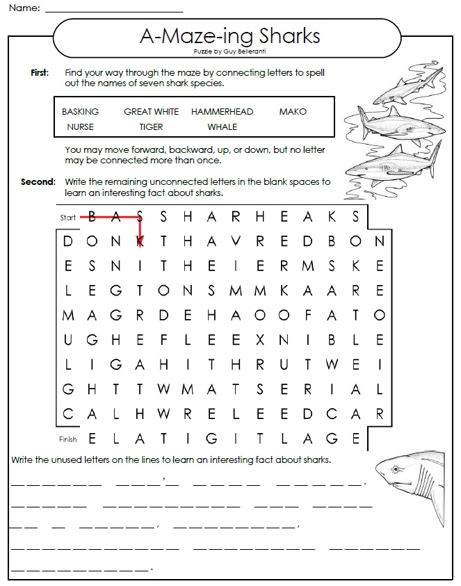 Printable Word Maze: Sharks