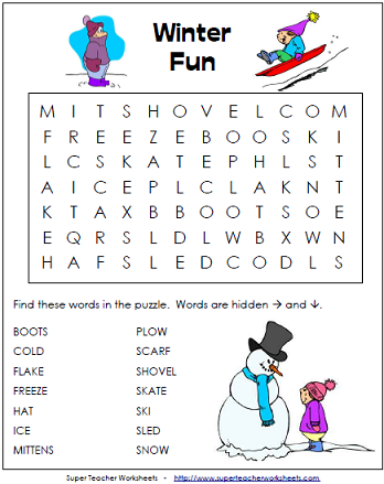 Winter Word Search Puzzle & Other Worksheets