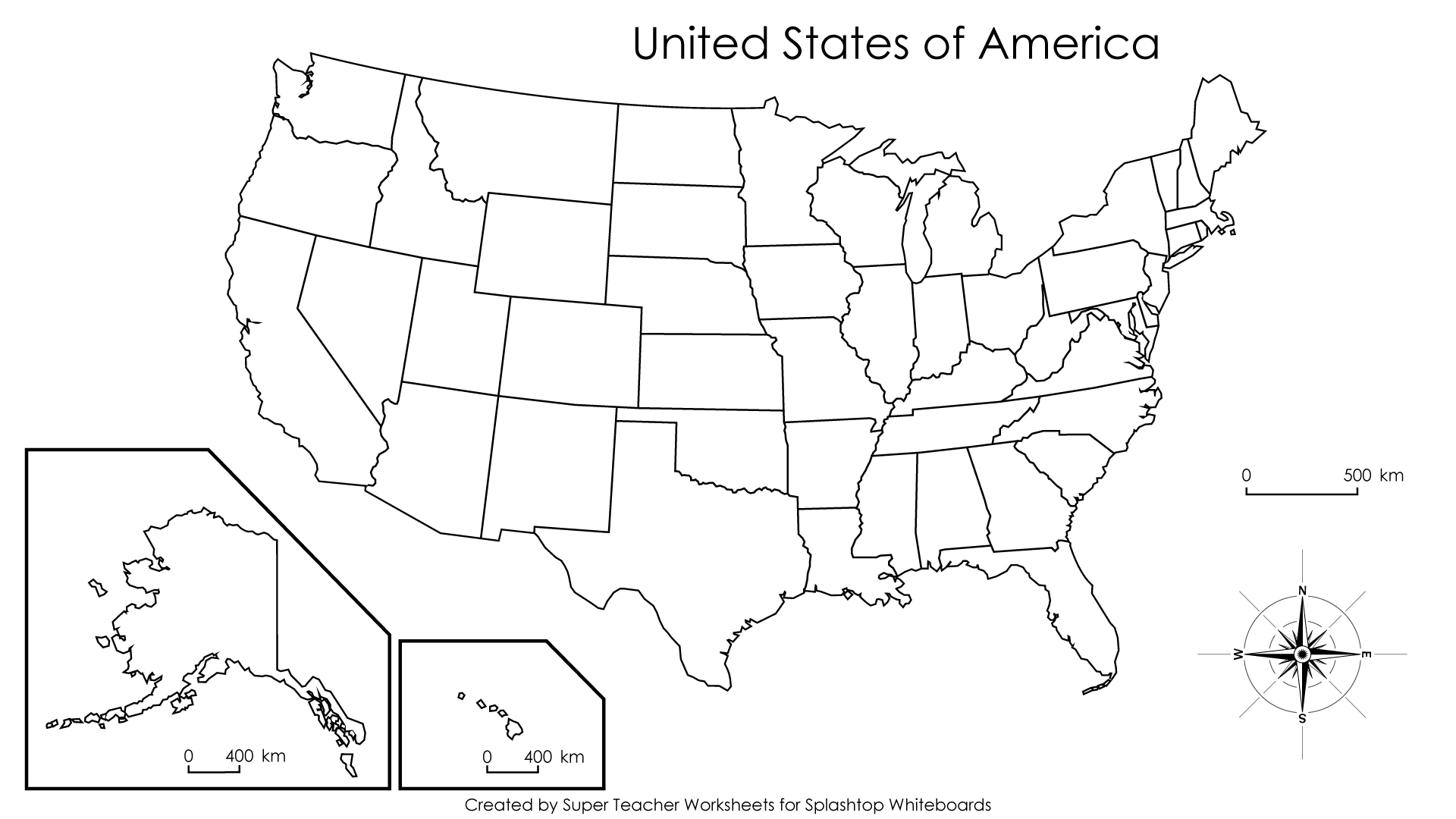 This USA map shows an outline of the 50 states without labels.