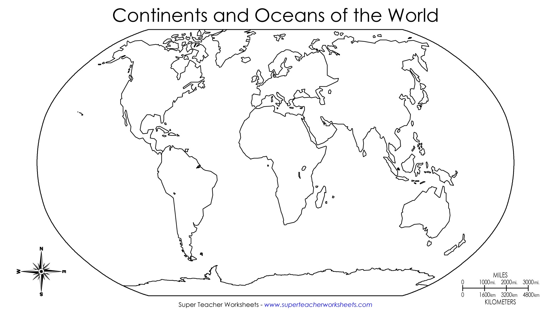 This basic world map shows the seven continents and four oceans.