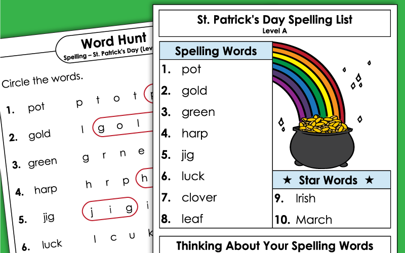 St. Patrick's Day Spelling Worksheets - 1st Grade