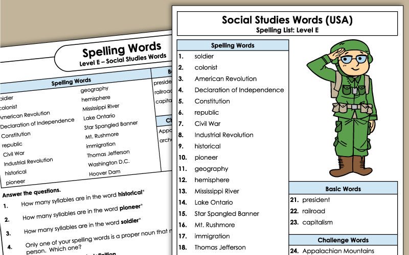 5th Grade Spelling Worksheets - Social Studies Words