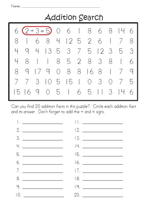 Addition Number Search Puzzle