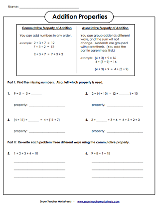 Addition Properties Worksheets