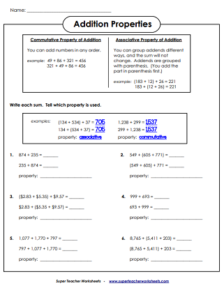 Printable Addition Properties Worksheets