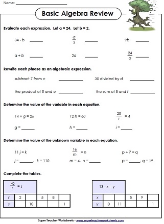 Worksheets   expression algebraic Basic worksheets  Algebra