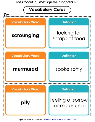 The Cricket in Times Square Book Vocabulary Cards Worksheet