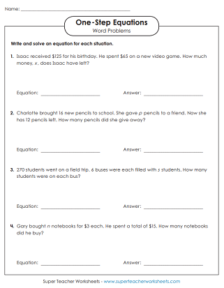 One-Step Equations - Word Problems Worksheet