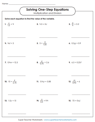 Solving One-Step Equations Worksheet - Advanced