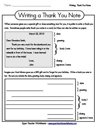 Thank You Note (Letter-Writing Worksheets)