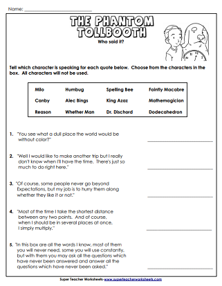 Literacy Unit Worksheets (Phantom Tollbooth)
