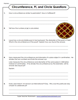 Pi Questions Worksheet (Circle, Circumference)