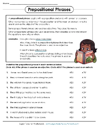 Prepositional Phrases As Adjectives and Adverbs 2nd-5th Grade Worksheet