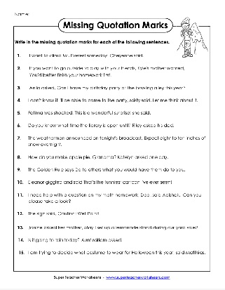 Add the Missing Quotation Marks in Sentences Worksheet