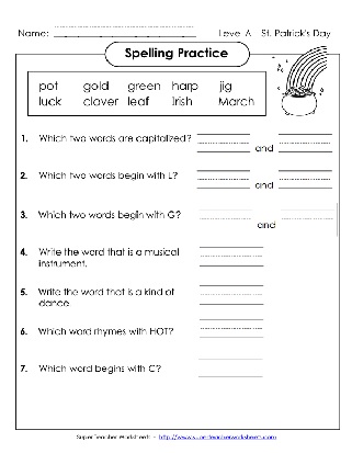 1st Grade Printable Spelling Practice Worksheet St. Patrick's Day Theme Words