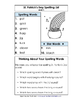 1st Grade St. Patrick's Day Theme Words Spelling List Worksheet