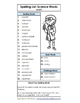 5th Grade Spelling Unit - Science Words
