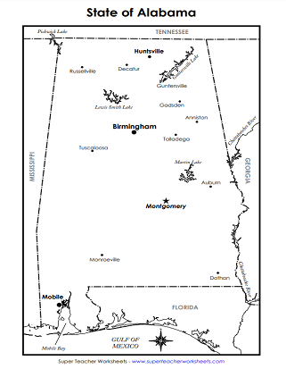 State of Alabama Worksheets - Labeled Map