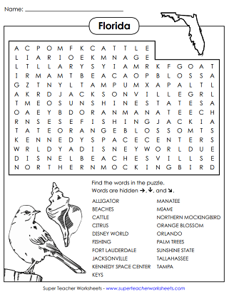 50 States Worksheets - Florida Word Search Puzzle