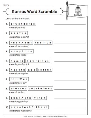 State of Kansas Worksheets - Puzzle