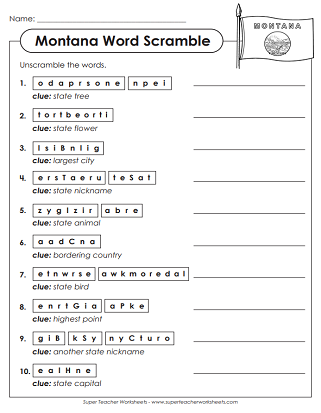 State of Montana Worksheets - Puzzles