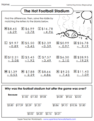 Subtracting Money Worksheets - Math Riddle