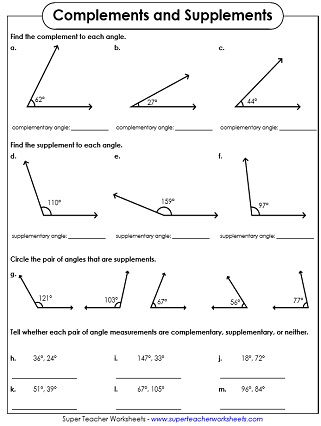 Complementary, Supplementary, Vertical Angle Worksheets