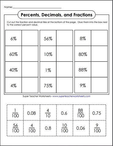 Cut and Glue Percents, Decimals, Fractions