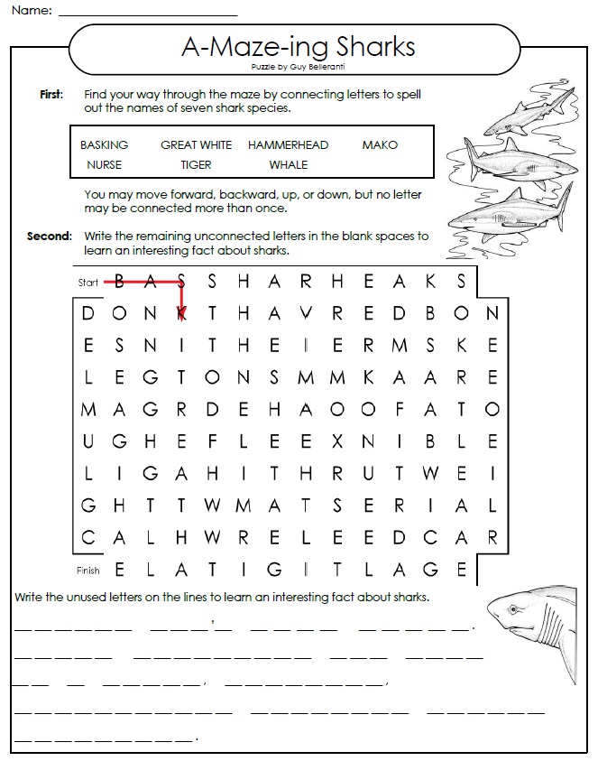 printable word maze sharks