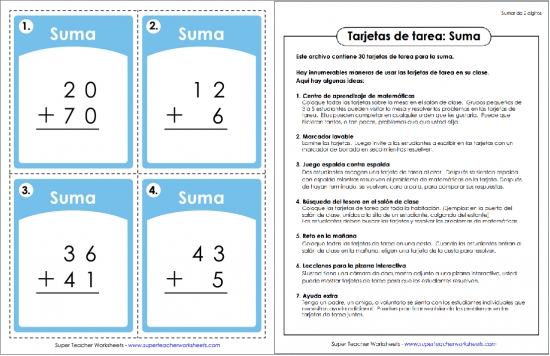 Basic Addition Task Cards - Spanish