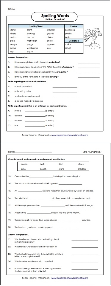 Spelling Worksheet, Level E - Unit 4